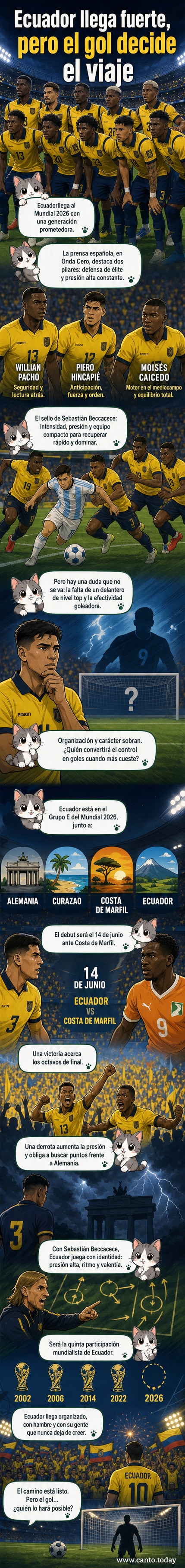 Ilustración de jugadores de Ecuador en formación defensiva, con siluetas ofensivas difuminadas, simbolizando la fortaleza defensiva y la debilidad en ataque antes del Mundial 2026.