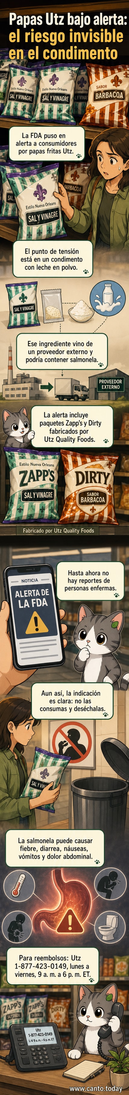 Ilustración de una bolsa de papas fritas con sello de advertencia y logo de la FDA, sobre fondo amarillo de alerta.