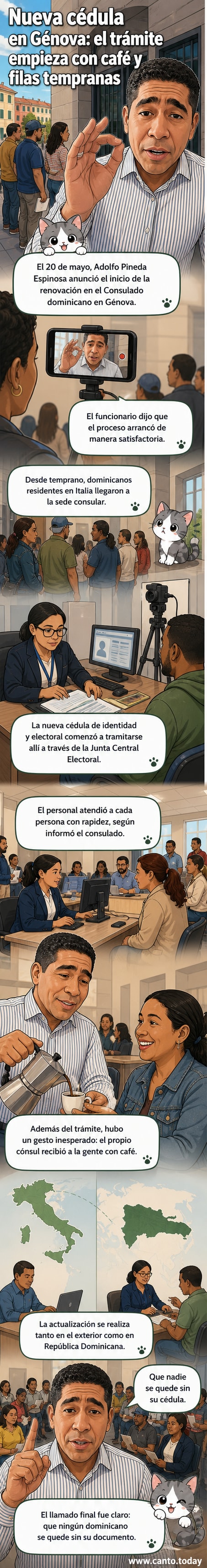 El cónsul dominicano en Génova, Adolfo Pineda Espinosa, recibe a ciudadanos con una taza de café durante el lanzamiento de la nueva cédula de identidad y voto.