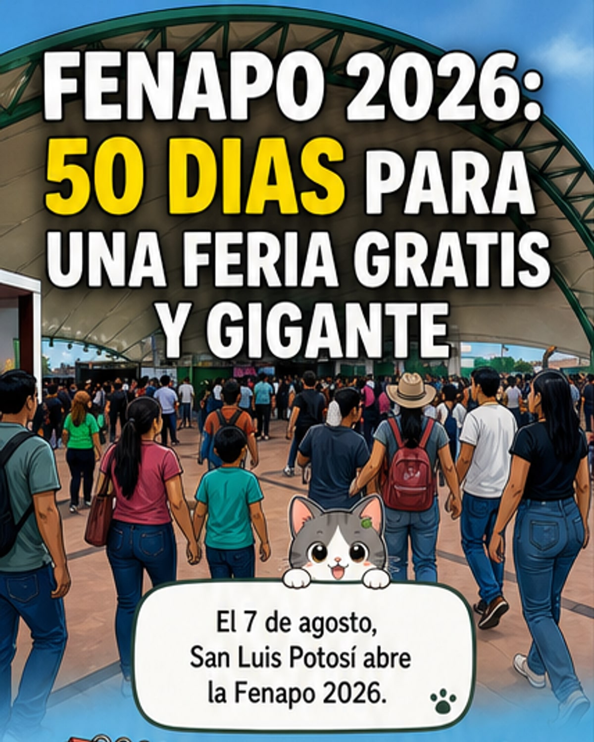 Cartel anunciando Fenapo 2026 con imágenes de Katy Perry, Gloria Trevi y otros artistas sobre fondo colorido de feria.