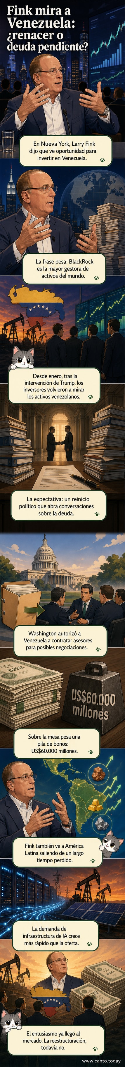 Ilustración de un gráfico alcista sobre un fondo con la bandera de Venezuela, con la silueta de Larry Fink señalando hacia arriba.