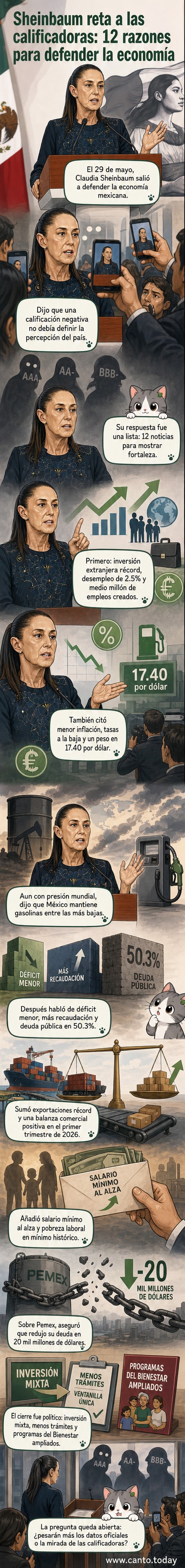 Ilustración de una balanza con monedas de un lado y gráficos económicos del otro, simbolizando el contraste entre datos positivos y presión laboral en México.