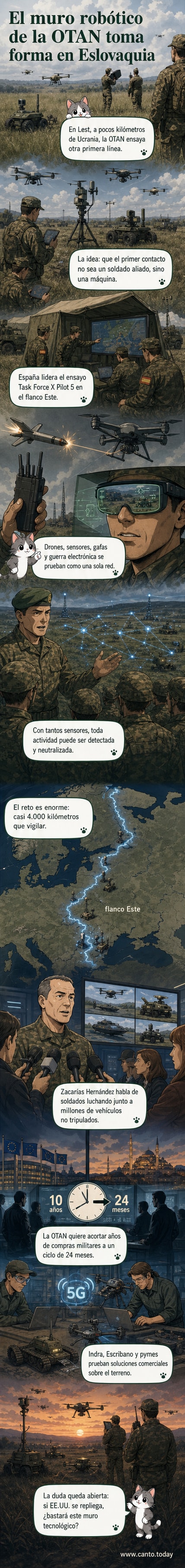 Ilustración de un campo de batalla con drones volando, robots avanzando y soldados con gafas inteligentes, bajo un cielo tenso con siluetas de aviones no tripulados enemigos.