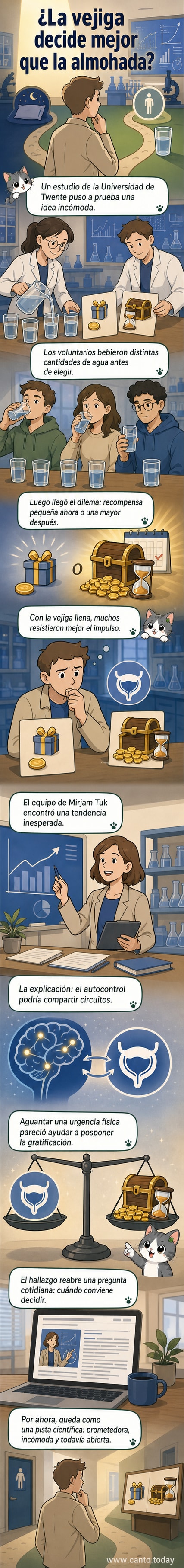 Ilustración de una persona sentada pensando, con un globo mental que muestra una decisión entre ahora o después, mientras sostiene su abdomen.
