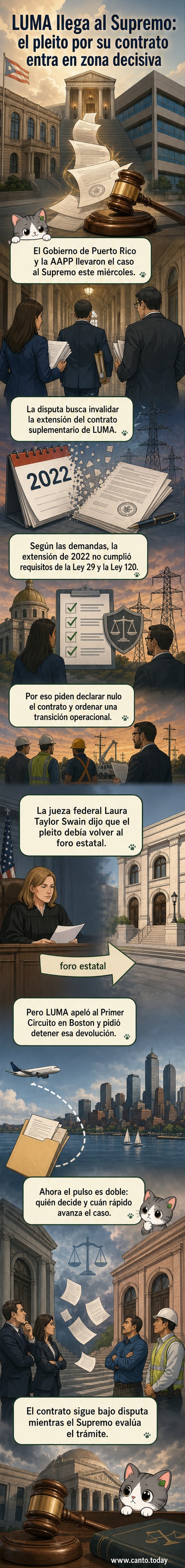 Ilustración de un edificio judicial con documentos legales y el logo de LUMA Energy, representando la disputa legal por el contrato eléctrico en Puerto Rico.