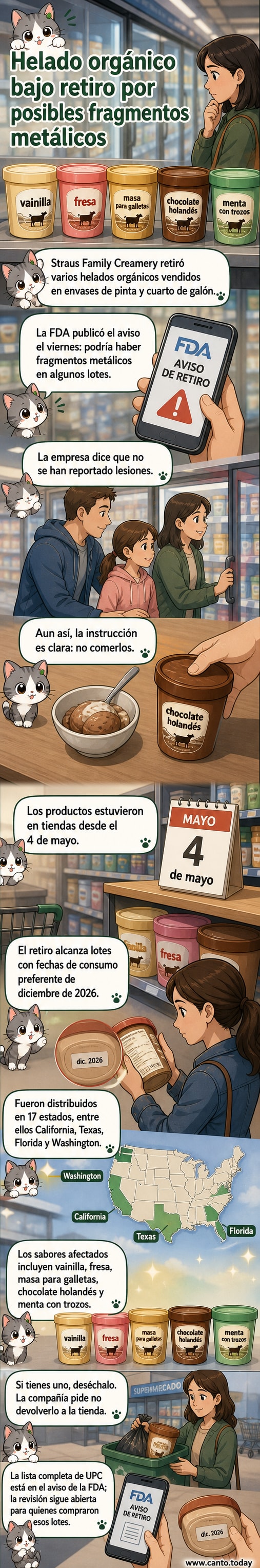 Ilustración de un envase de helado con una etiqueta de advertencia y un símbolo de metal dentro, sobre fondo blanco.
