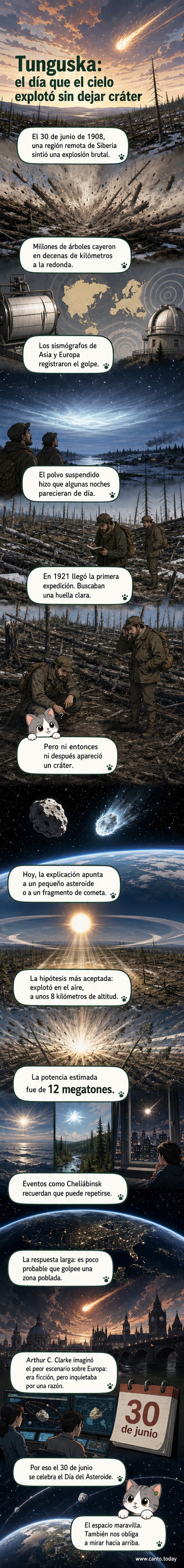Ilustración de una explosión en el cielo sobre un bosque siberiano, con ondas de choque extendiéndose y ciervos corriendo asustados, estilo webtoon realista.