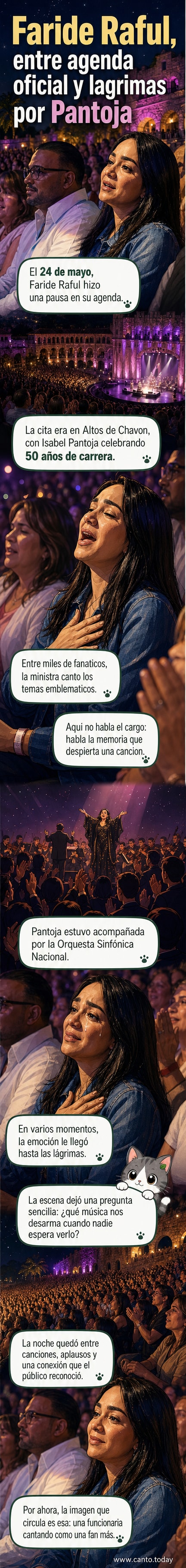 Una imagen de la ministra Faride Raful visiblemente emocionada durante el concierto de Isabel Pantoja en Altos de Chavón, con el público aplaudiendo de fondo.