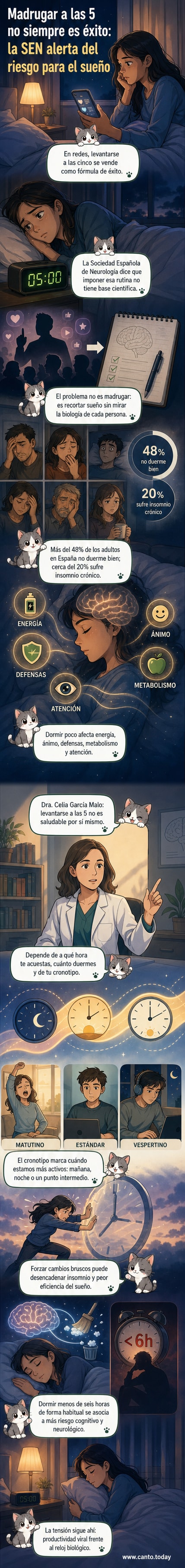 Ilustración de una persona bostezando junto a un despertador marcando las 5 a.m., con un cerebro en segundo plano mostrando señales de estrés por falta de sueño.