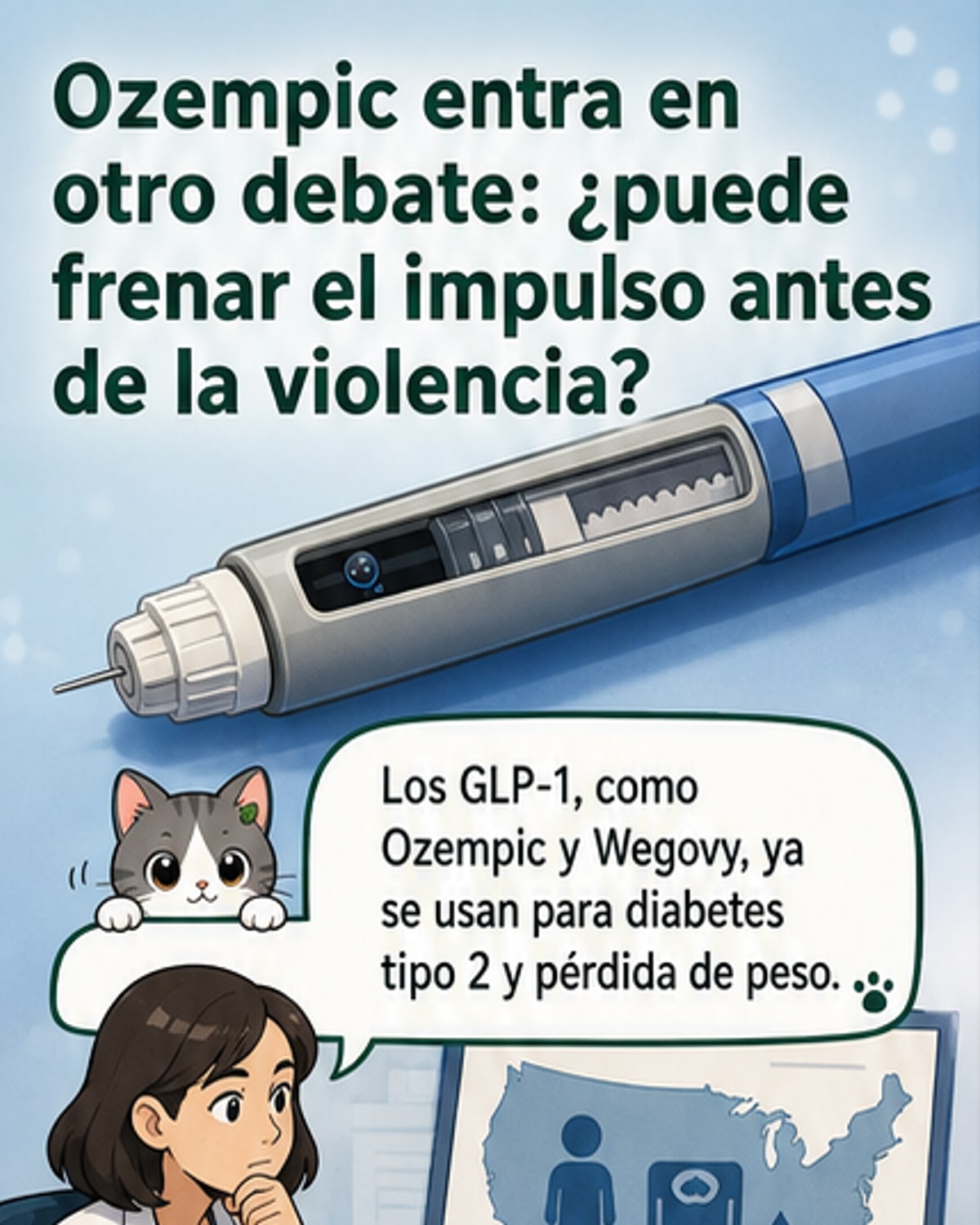 Ilustración de una jeringa junto a un cerebro con señales de control de impulsos, simbolizando el estudio sobre Ozempic y comportamiento.