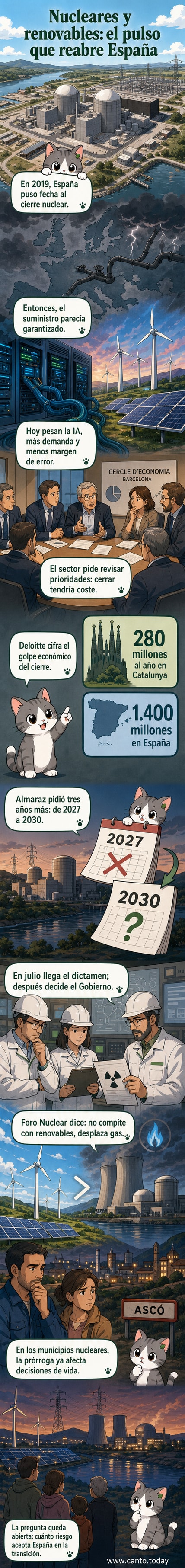 Ilustración de una central nuclear junto a paneles solares y turbinas eólicas, con líneas de energía conectándolas a una ciudad futurista, simbolizando la integración de fuentes energéticas.