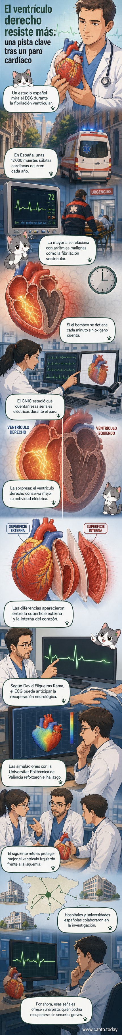 Ilustración del corazón humano destacando el ventrículo derecho como más resistente durante un infarto por fibrilación ventricular.