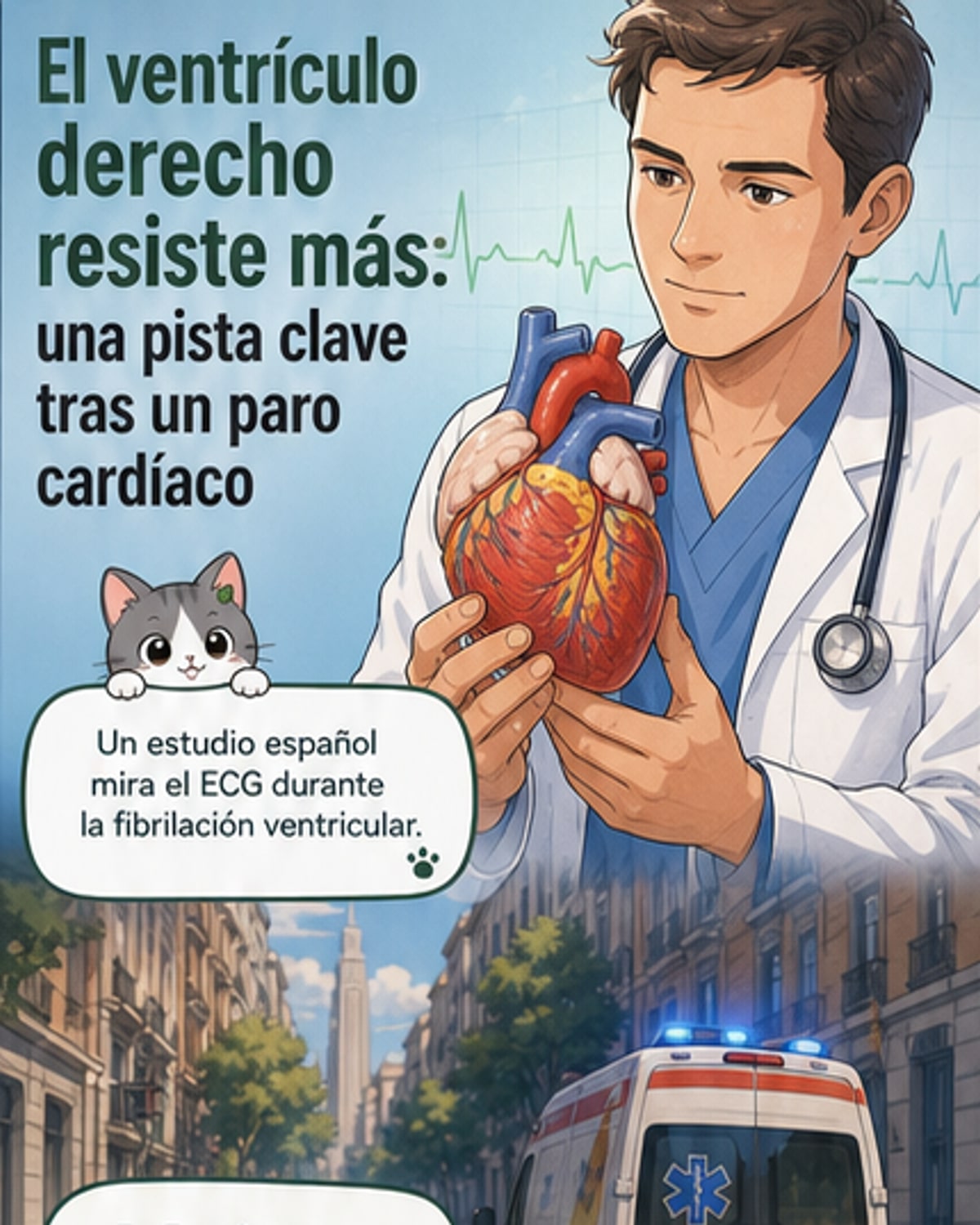 Ilustración del corazón humano destacando el ventrículo derecho como más resistente durante un infarto por fibrilación ventricular.
