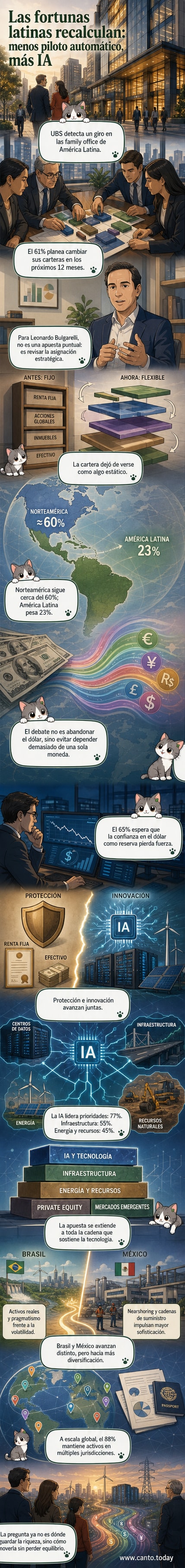 Gráfico que muestra la distribución de inversiones de family offices latinoamericanas en IA, infraestructura y energía, con representación de centros de datos y redes eléctricas.