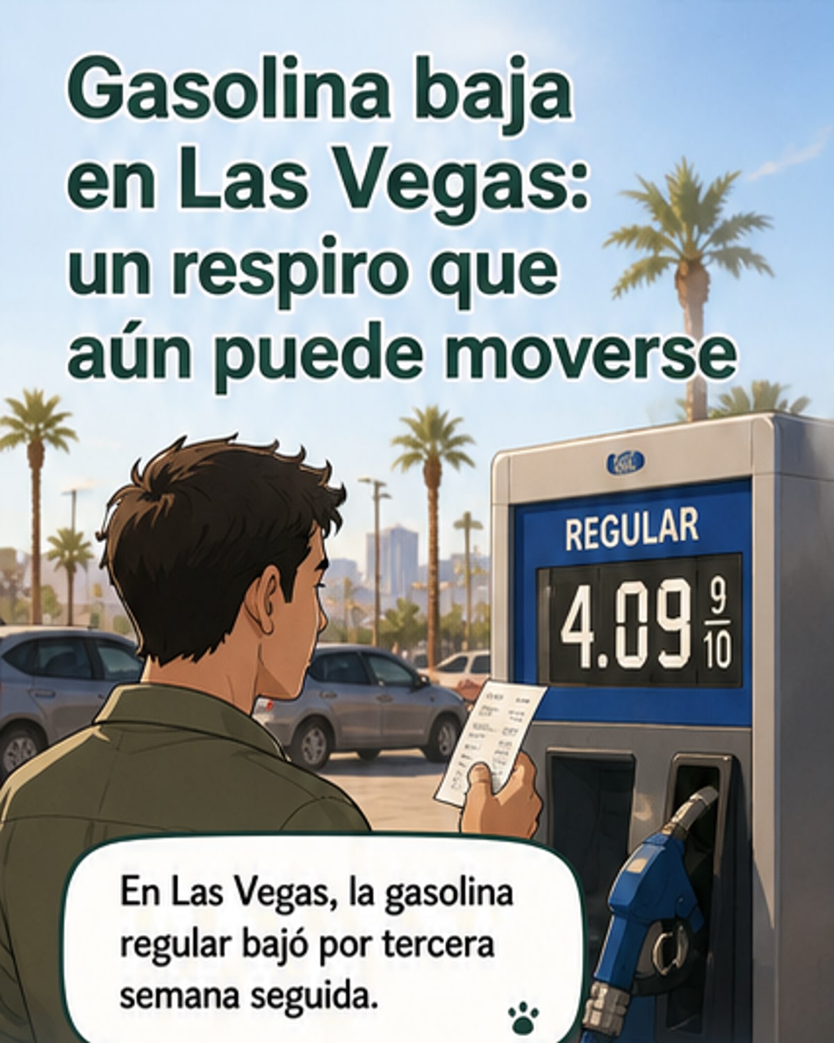 Gráfico de tendencia mostrando la baja sostenida del precio de la gasolina en Las Vegas durante tres semanas, con bomba de gasolina al fondo.
