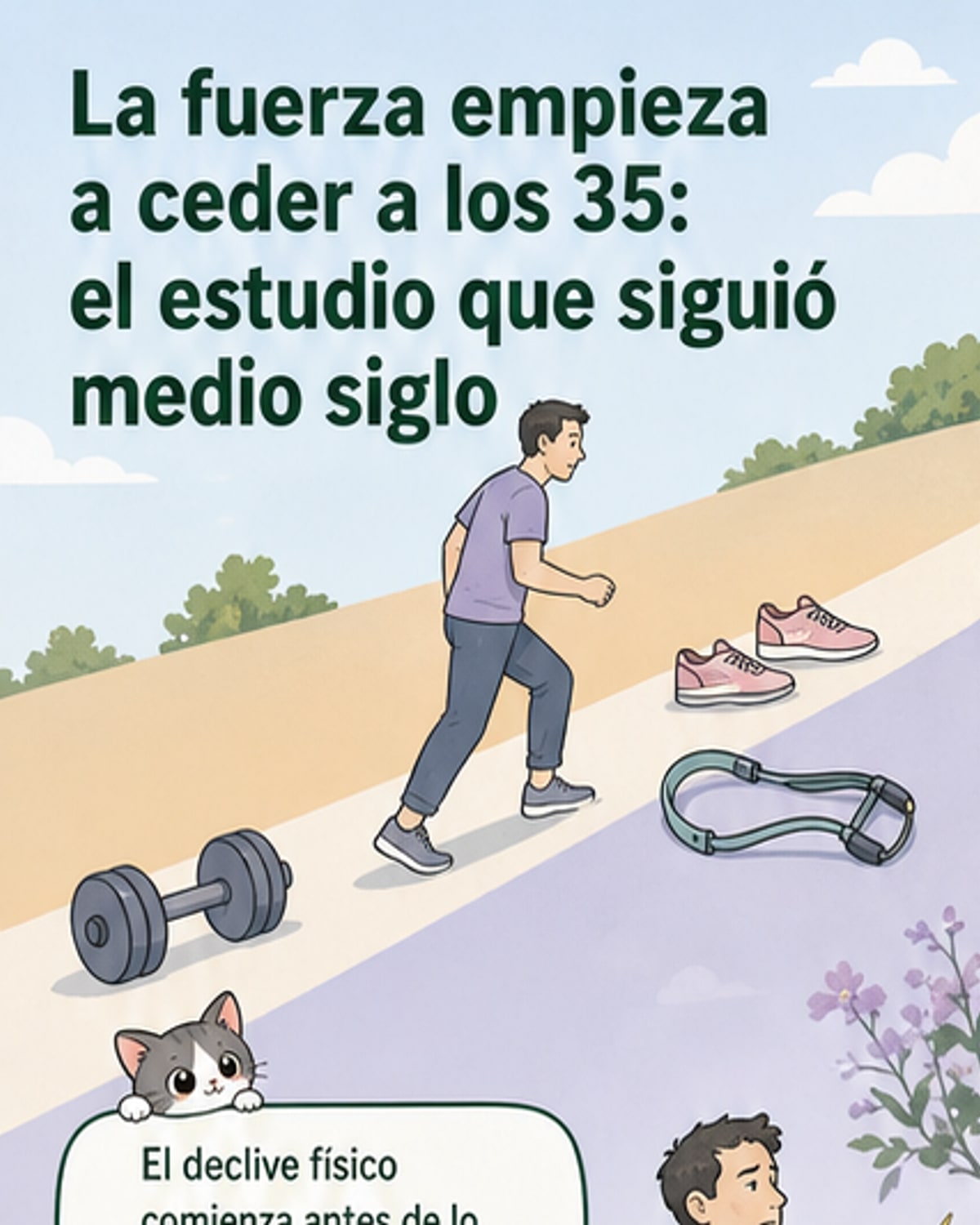 Ilustración que muestra a una persona en diferentes etapas de la vida, con gráficos de fuerza muscular descendiendo desde los 35 años, y ejercicios de fuerza y equilibrio en adultos mayores.