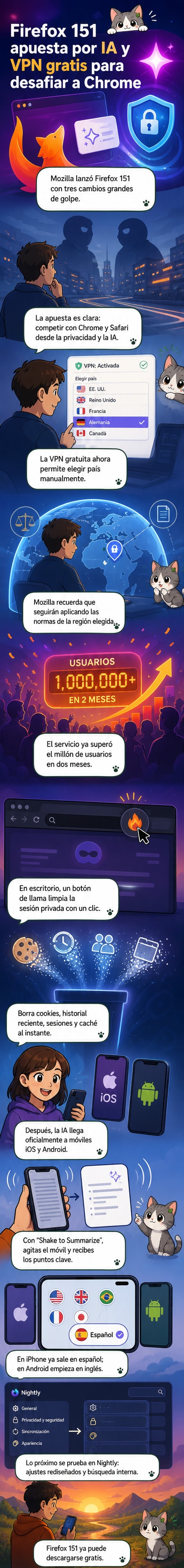 Pantalla del navegador Firefox 151 mostrando el nuevo ícono de fuego en la barra de direcciones y el selector de ubicación de la VPN con países como Estados Unidos, Reino Unido y Francia.