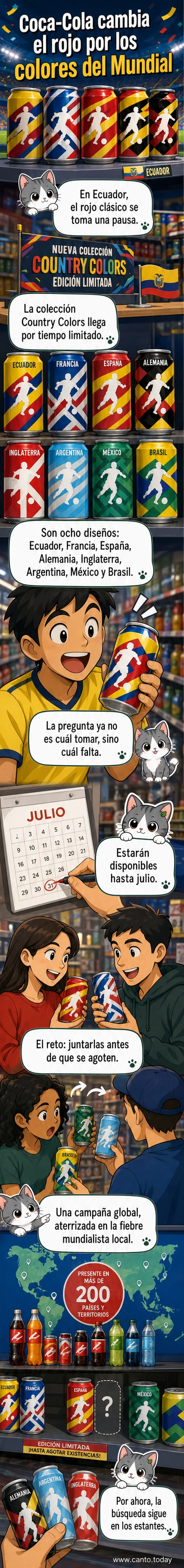 Latas de Coca-Cola con los colores de las selecciones de Ecuador, Brasil, Argentina, Francia, España, Alemania, Inglaterra y México, dispuestas en círculo sobre fondo blanco.