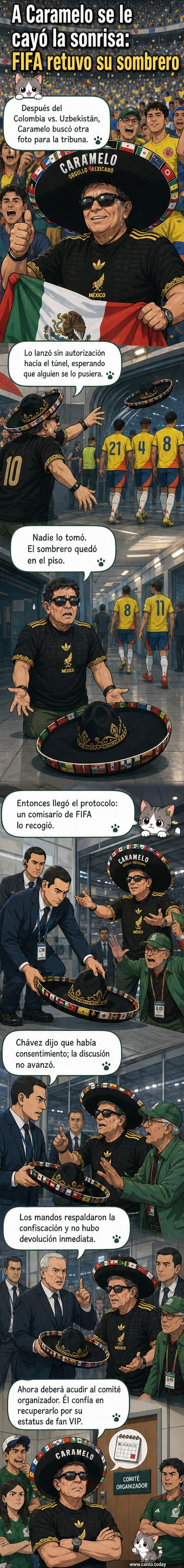 Aficionado mexicano con sombrero charro rojo y verde siendo abordado por personal de seguridad en túnel de estadio durante el Mundial.