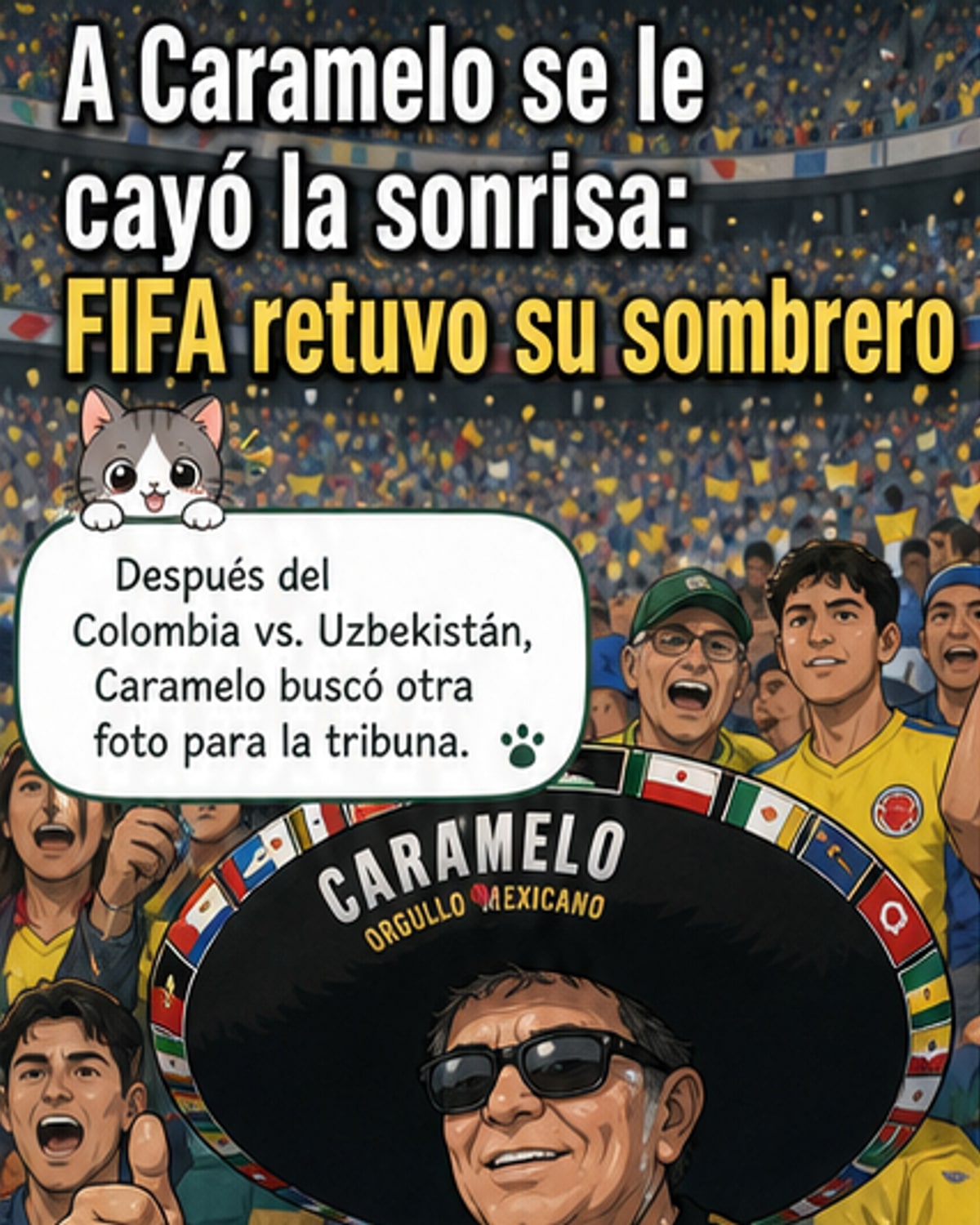 Aficionado mexicano con sombrero charro rojo y verde siendo abordado por personal de seguridad en túnel de estadio durante el Mundial.