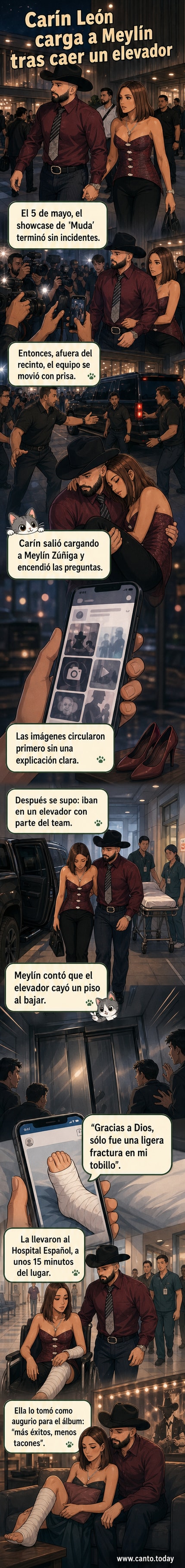 Ilustración de Carín León cargando a su novia Meylín Zúñiga en brazos tras la caída de un elevador, con expresiones de preocupación y cuidado.