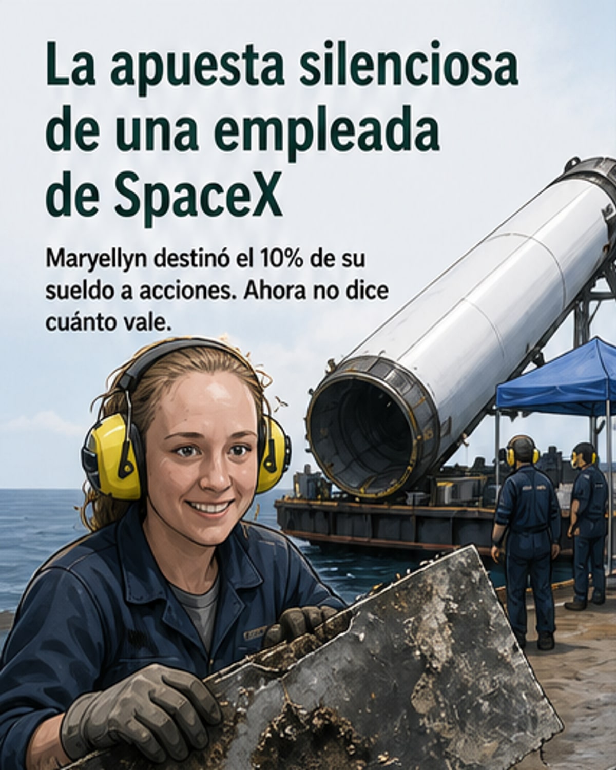 Ilustración de una trabajadora de SpaceX mirando un gráfico de acciones en ascenso, con cohetes al fondo y un portafolio digital brillante en sus manos.