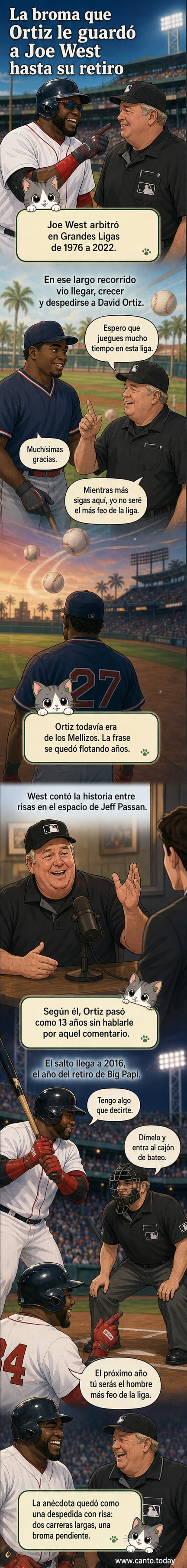 Ilustración estilo cómic de David Ortiz sonriendo frente a Joe West, con un bate al hombro y un casco en la mano, mientras West levanta una mano como diciendo 'no, otra vez no'.