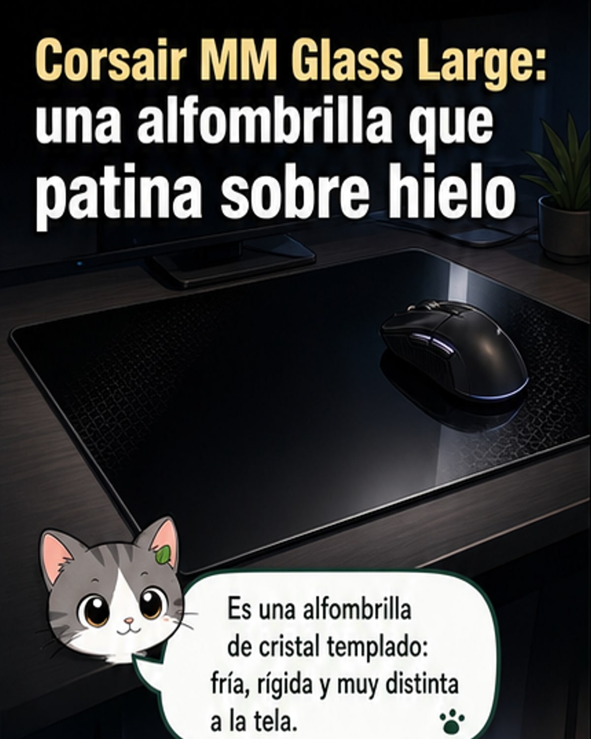 Alfombrilla de cristal transparente con un ratón inalámbrico encima, sobre un escritorio minimalista con iluminación RGB tenue.
