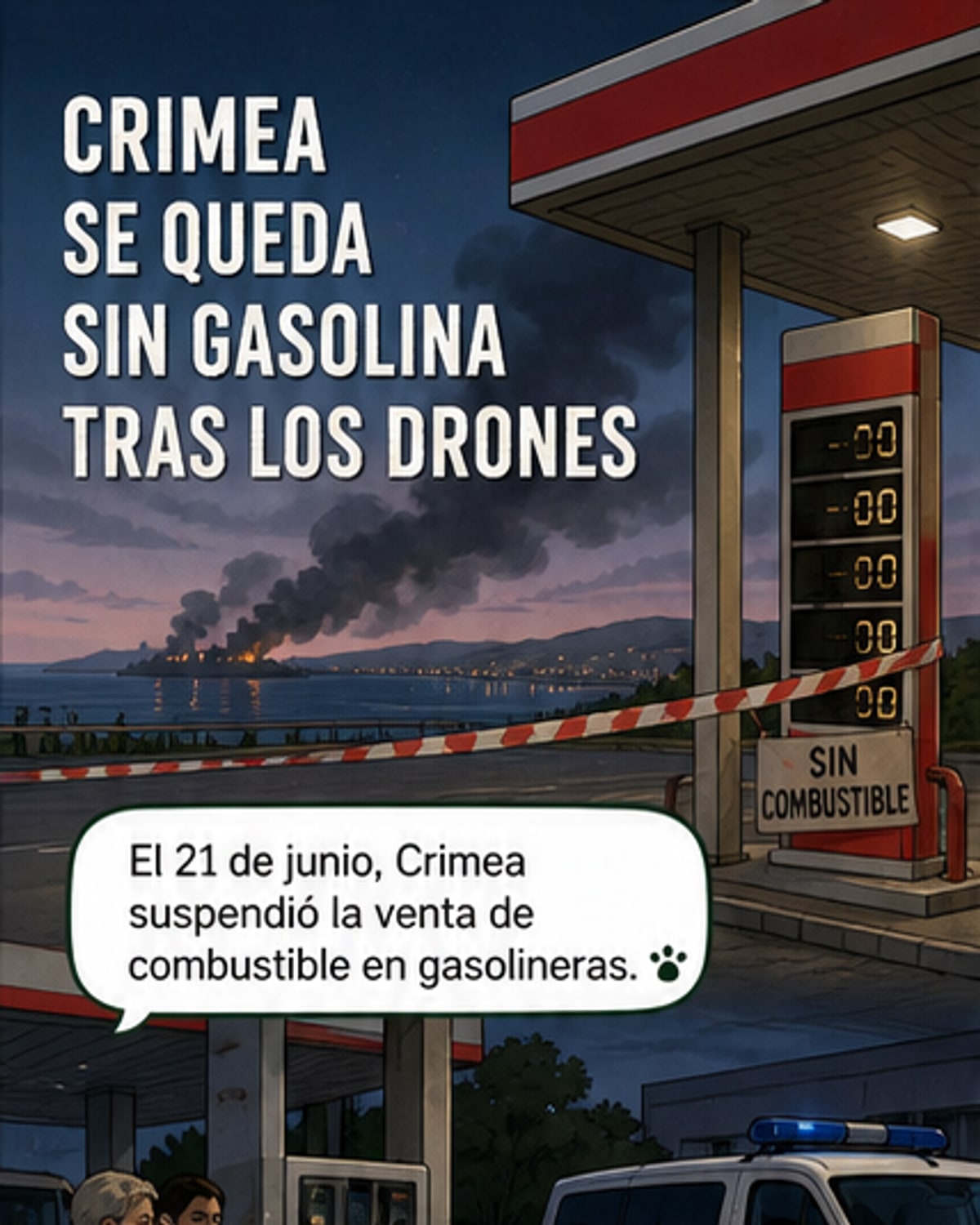 Una gasolinera cerrada en Crimea con carteles que indican suspensión de venta de combustible, tras ataques con drones que dañaron depósitos de petróleo y provocaron racionamiento.
