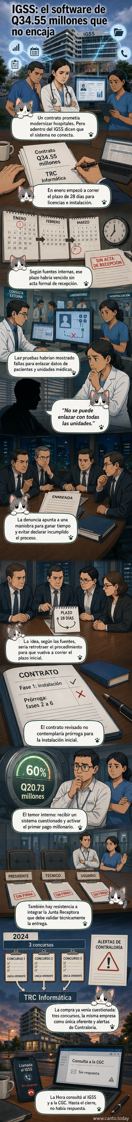 Ilustración de un servidor informático con advertencias de error y un contrato con sellos de aprobación, simbolizando el conflicto técnico y administrativo en el IGSS.