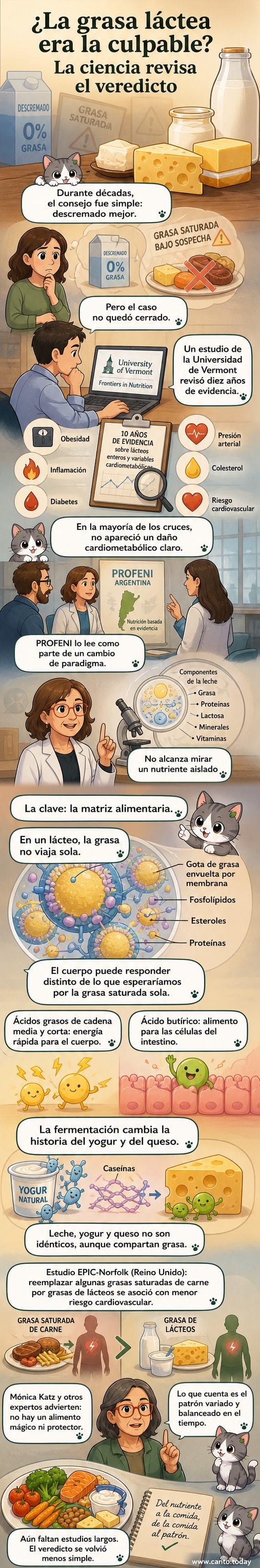 Ilustración de una mesa con productos lácteos enteros como leche, yogur y queso, junto a iconos científicos que representan la matriz alimentaria y componentes moleculares.