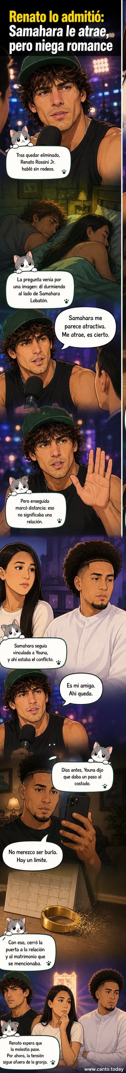 Ilustración de Renato Rossini Jr. y Samahara Lobatón en el escenario de 'La Granja VIP', con un corazón partido flotando entre ellos y una imagen de Youna mirando con gesto serio al fondo.