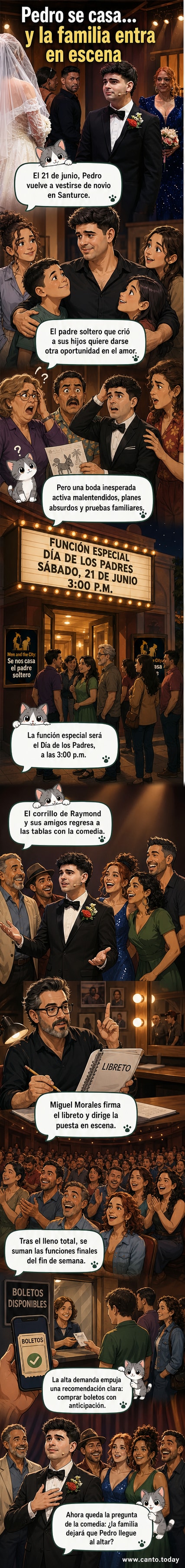 Cartel de la obra 'Men and the City: Se nos casa el padre soltero' con el elenco sonriente, en tonos vibrantes, anunciando la función especial del Día de los Padres en Santurce.