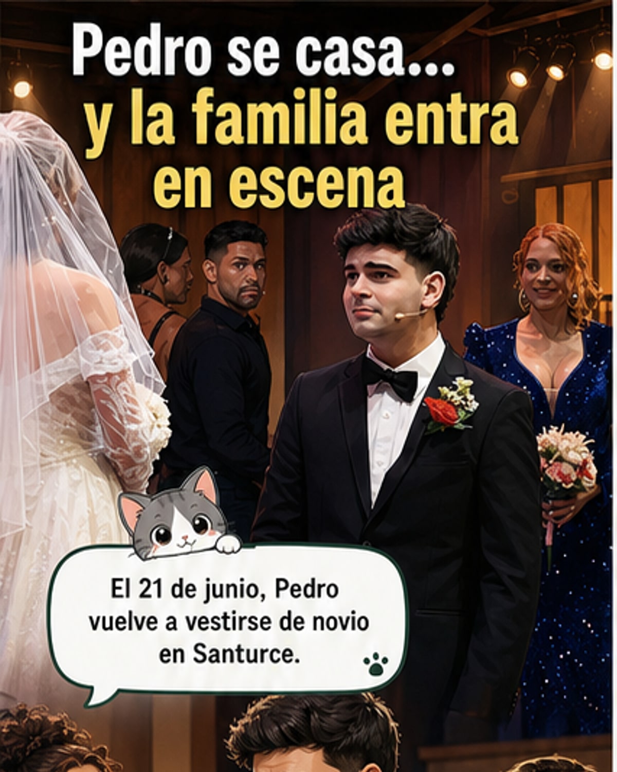 Cartel de la obra 'Men and the City: Se nos casa el padre soltero' con el elenco sonriente, en tonos vibrantes, anunciando la función especial del Día de los Padres en Santurce.