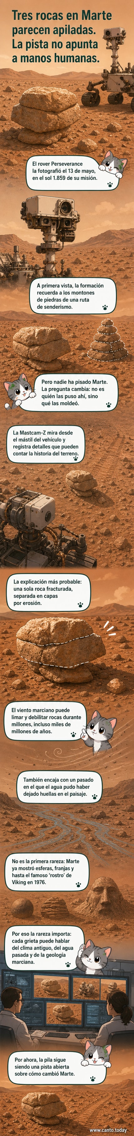 Ilustración de una formación rocosa en Marte que parece apilada, con el rover Perseverance en primer plano y el cielo rojizo de fondo.
