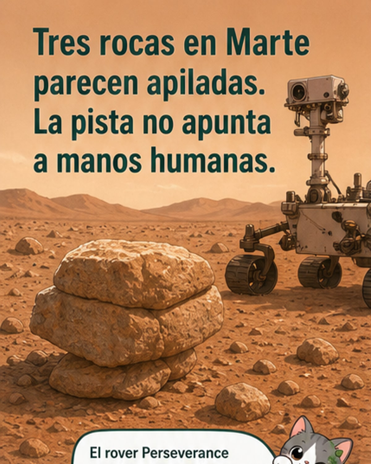 Ilustración de una formación rocosa en Marte que parece apilada, con el rover Perseverance en primer plano y el cielo rojizo de fondo.