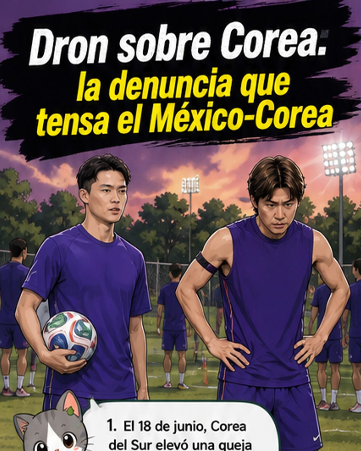 Ilustración de un dron sobrevolando un campo de entrenamiento de fútbol con jugadores de Corea del Sur y personal de seguridad en tierra.