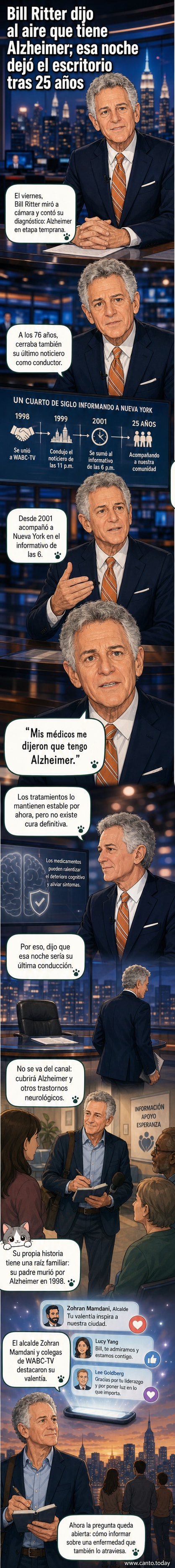 Presentador Bill Ritter sentado en el escritorio de un noticiero, con expresión seria, anunciando su diagnóstico de Alzheimer en pantalla.