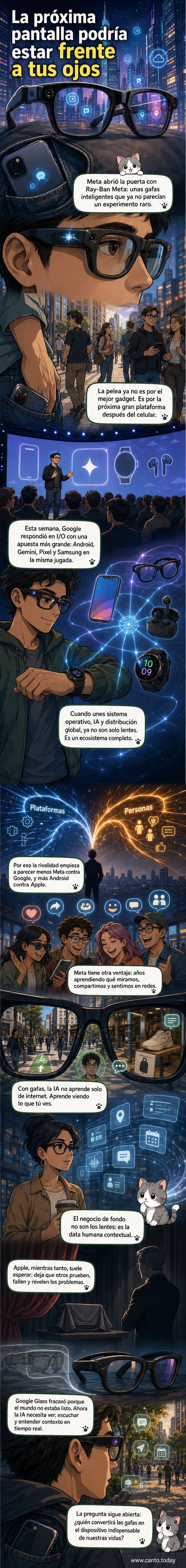 Ilustración de gafas inteligentes flotando frente a un paisaje urbano, con interfaces de IA proyectadas alrededor, representando la competencia entre Meta, Google, Samsung y Apple.
