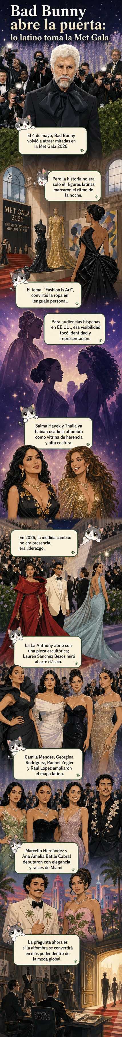Ilustración estilizada de la alfombra roja de la Met Gala 2026 con figuras latinas como Bad Bunny, Karol G y otros, usando diseños que mezclan arte clásico y elementos culturales latinos.