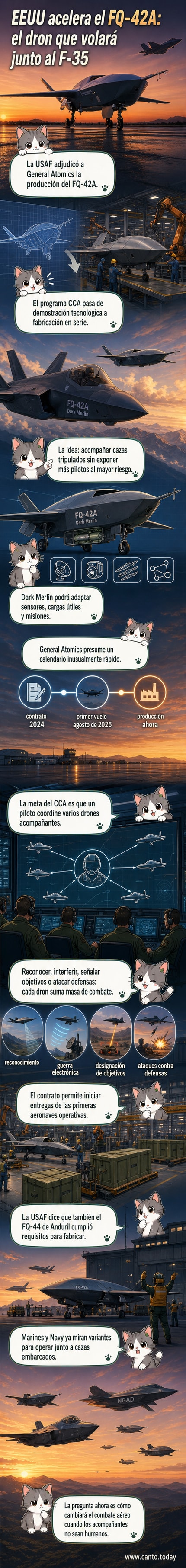 Ilustración de un dron FQ-42A volando junto a un caza F-35, con diseño futurista y entorno aéreo de combate.