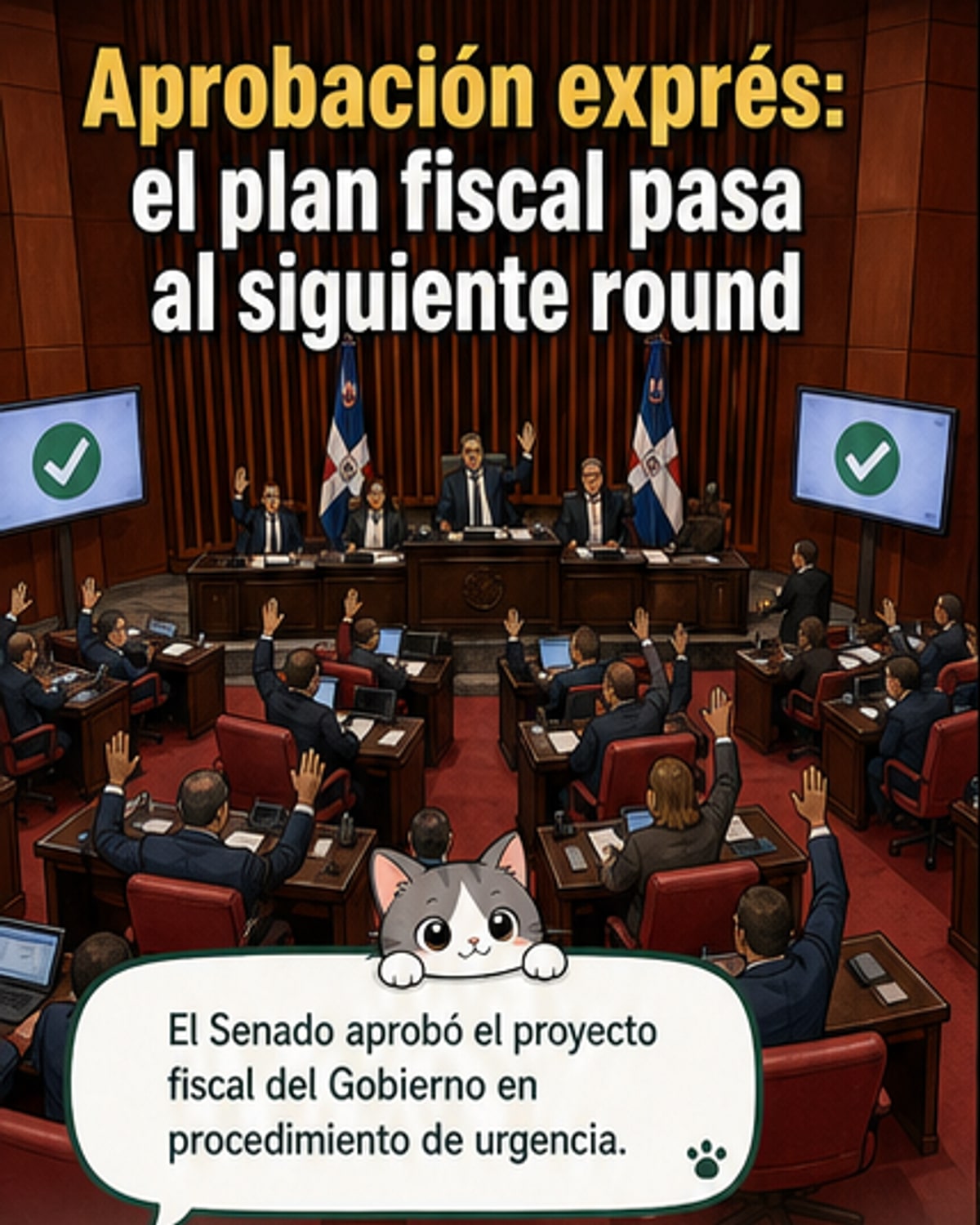 Ilustración de un hemiciclo legislativo con senadores debatiendo, mientras un cartel con '50,000 millones de pesos' y gráficos de impuestos aparecen al fondo.