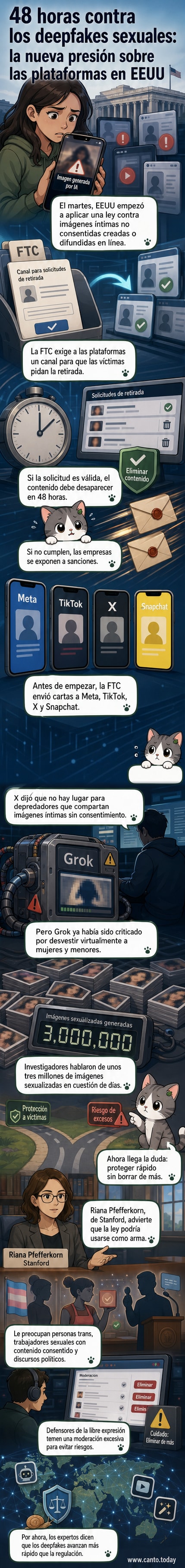 Ilustración de una pantalla digital con una figura borrosa siendo expuesta sin consentimiento, mientras una mano pulsa un botón de 'eliminar' con un reloj marcando 48 horas.