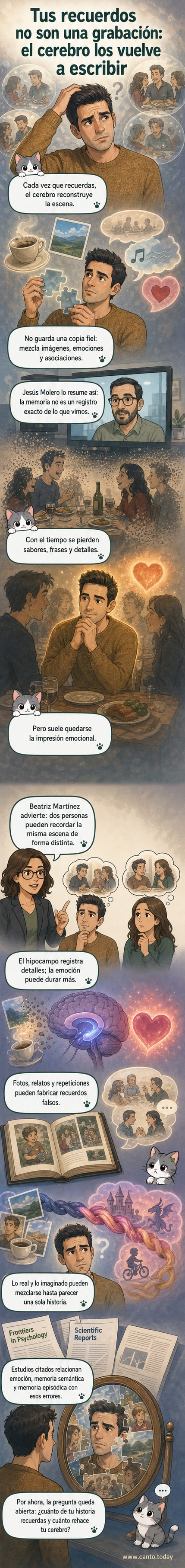 Ilustración de una persona mirando recuerdos que se desvanecen y reconstruyen en su mente, con elementos emocionales más brillantes que los detalles sensoriales.