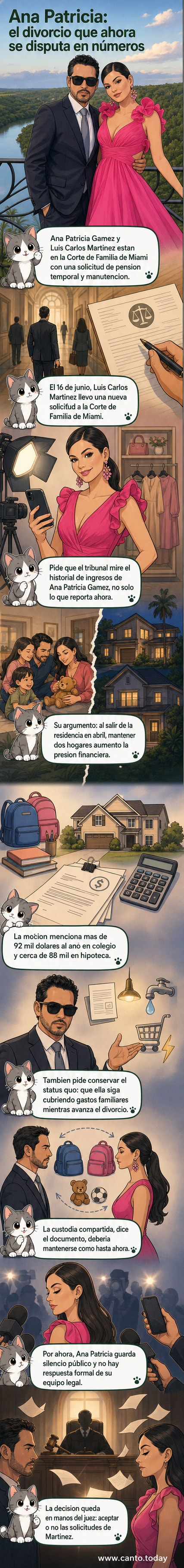 Ilustración de Ana Patricia Gámez con expresión seria, rodeada de documentos legales y una casa dividida, simbolizando el divorcio y la disputa económica.