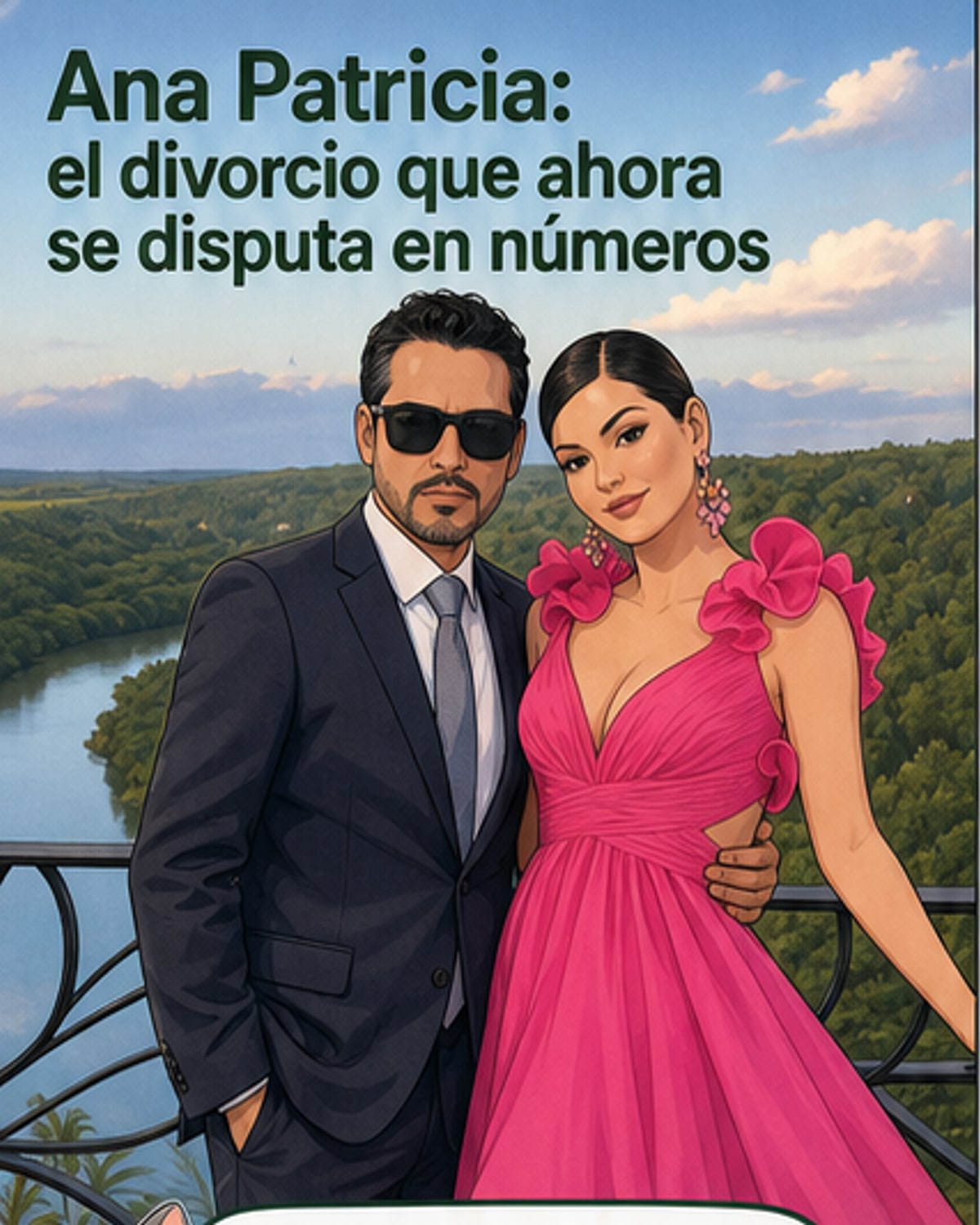 Ilustración de Ana Patricia Gámez con expresión seria, rodeada de documentos legales y una casa dividida, simbolizando el divorcio y la disputa económica.