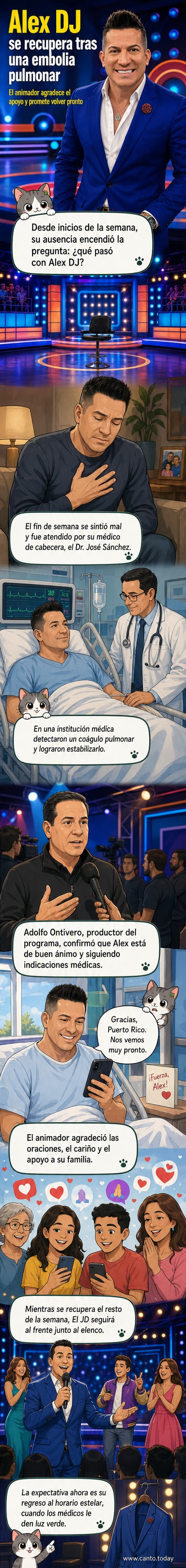 Alex DJ sonríe desde una cama de hospital, rodeado de flores y mensajes de apoyo, con un cartel que dice 'Pronto regresaré'.