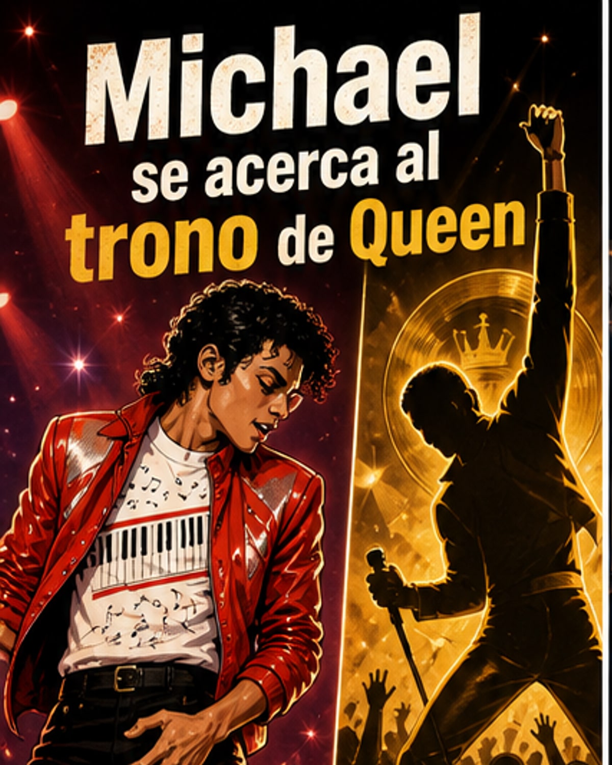 Dos carteles de cine enfrentados: uno de Michael Jackson y otro de Freddie Mercury, con gráficos de taquilla mostrando sus recaudaciones cercanas.
