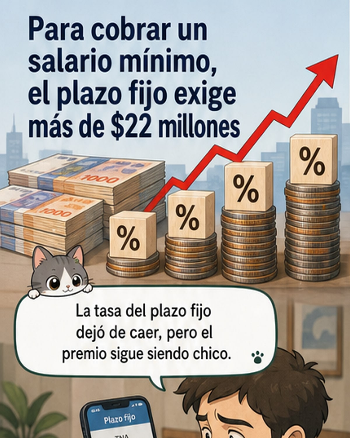 Ilustración de una persona mirando un gráfico de interés bancario con un saldo bancario extremadamente alto, mientras otro recibe un salario mínimo.