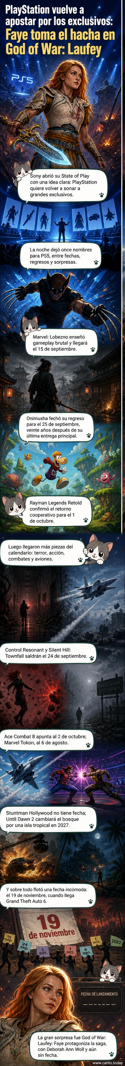 Ilustración de estilo cinematográfico mostrando a Faye, la nueva protagonista de God of War: Laufey, con armadura nórdica y espada, de pie frente a un paisaje nevado con runas brillantes flotando en el aire.